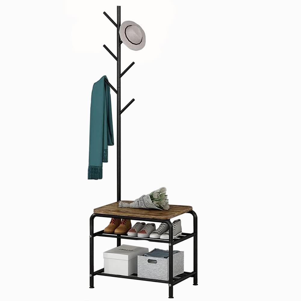 Multifunctional Metal Clothes Rack with Shoe Bench and Coat Stand 4 in 1 Entryway Organizer with 15 Hooks and 2 Tier Shoe Storage Sturdy Hat Stand Rod for Hanging Jackets and Coats