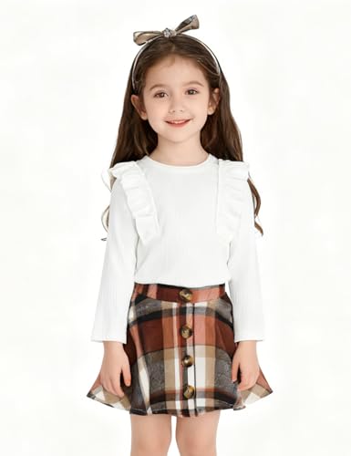 Image of AGQT Toddler Girls Fall Winter Clothes Long Sleeve Ribbed T-Shirt Knit Tops Plaid Button Mini A-line Skirts Set Outfits