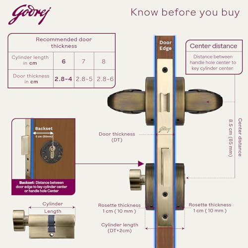 Image of Godrej Mortise Lock | Handle Lock Set for Main & Bedroom Door| Arsa Udaan Rose Handle| 240 mm Eco Lock Body | 60 mm Eco Pin Cylinder 1CK | Antique Brass | 5 Year Warranty