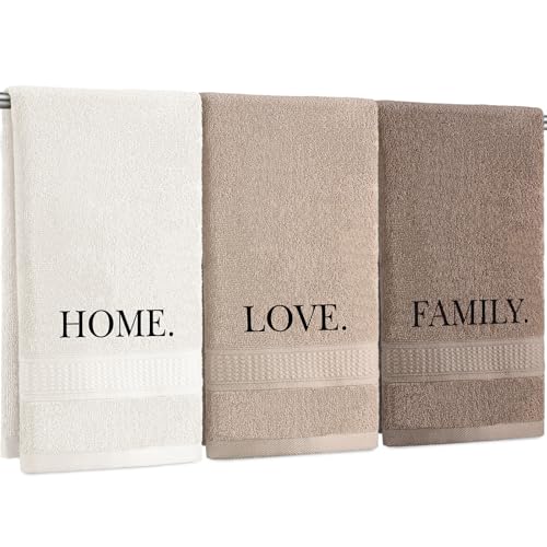 FuWeave 3 Pcs Farmhouse Decorative Hand Towels for Bathroom and Kitchen Rustic Embroidered Cotton Hand Towels Decorative Set for Boho Bathroom Decor(Brown Home Love Family)