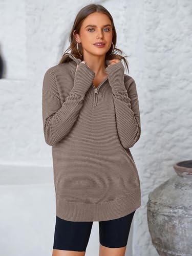 Image of PRETTYGARDEN Womens Long Sleeve Quarter Zip Pullover Sweater | Casual Loose V Neck Sweaters with Thumb Hole, Collared Ribbed Knit Jumper Tops, Oversized Tunic Tops, Fall Outfits 2026