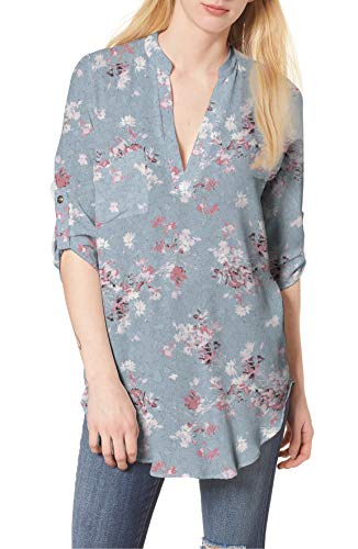 Urth Women’s Floral Printed Blouse 3/4 Roll Tab Button Sleeve V-Neck Tunic Top (Sky Blue Garden, Small) #TOP25