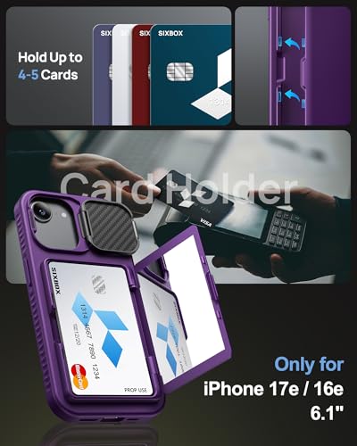 Image of for iPhone 16e Case, Built-in Credit Card Holder & Stand & Lens Cover, Military Grade Drop Tested Soft Silicone Edge Rugged Protective Wallet Phone Case for iPhone 16e 6.1 inch 2025, Purple