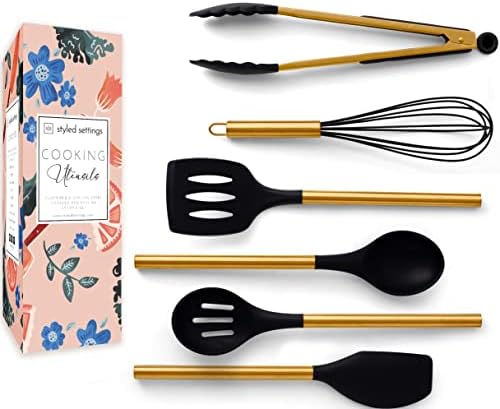 Black and Gold Kitchen Utensils Set 6PC Black Silicone Utensils Set Includes: Gold Tongs, Gold Whisk, Gold Serving Spoon, Gold Spatula & Turner-Black and Gold Kitchen Accessories & Gold Kitchen Decor