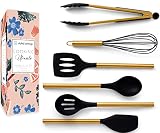 Black and Gold Kitchen Utensils Set 6PC Black Silicone Utensils Set Includes: Gold Tongs, Gold Whisk