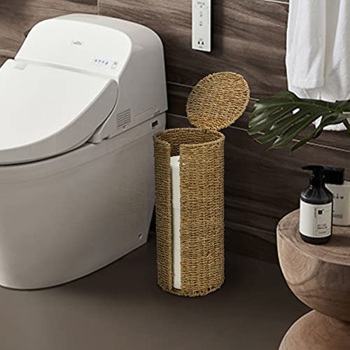 Graciadeco Stand Toilet Paper Storage With Lid Spare Extra 3 Rolls Of Toilet Tissue Holder Free Standing Seagrass Wciker Toilet Paper Organizer Basket For Bathroom #TOP5