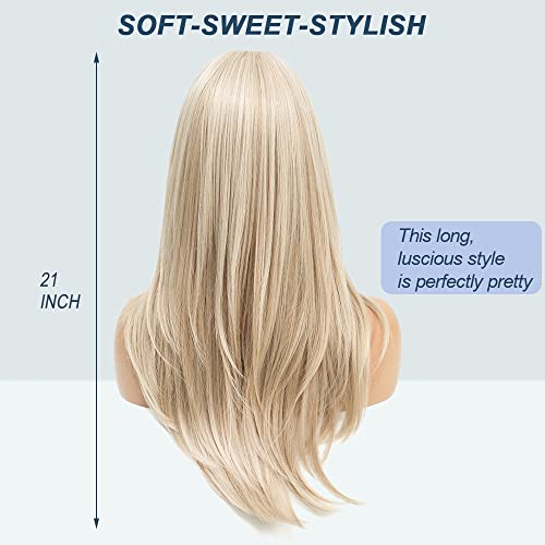Blonde Wig with Bangs Honey Blonde Wigs for Women Long Slight Curly Layered Synthetic Wig for Daily and Party Wear - Image 3