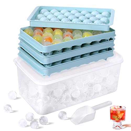 Round Ice Cube Trays 3 Pack Circle Ice Ball Maker Mold Small Round Ice Cube Trays For Freezer With Lid & Bin & Scoop Mini Sphere Ice Tray For Cocktail Coffee Juice Chilled Whiskey (Blue) #TOP10