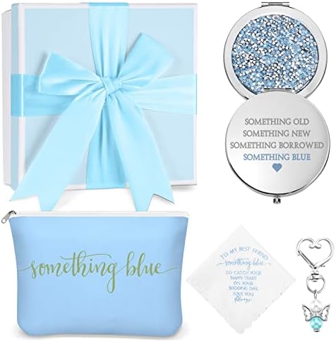 Set of 5 Something Blue Wedding Gift for Bride to My Best Friend Wedding Embroidered Handkerchief Angel Bouquet Charm Something Blue Bridal Cosmetic Bag Diamond Compact Mirror Blue Raffia Gift Box