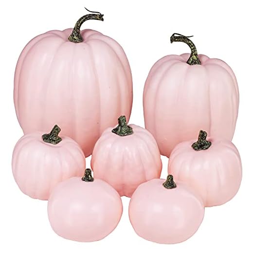 Winlyn 7 Pcs Assorted Sizes Fall Artificial Light Pink Pumpkins Harvest Faux Foam Pale Pink Pumpkins for Fall Autumn Season Halloween Thanksgiving Harvest Festive Tabletop Decoration