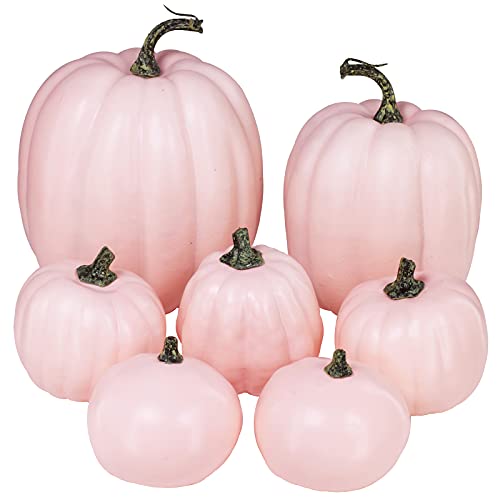 Image of Winlyn 7 Pcs Assorted Sizes Fall Artificial Peach Pink Pumpkins Harvest Faux Foam Light Pink Pumpkins for Fall Autumn Season Halloween Thanksgiving Harvest Festive Tabletop Decoration