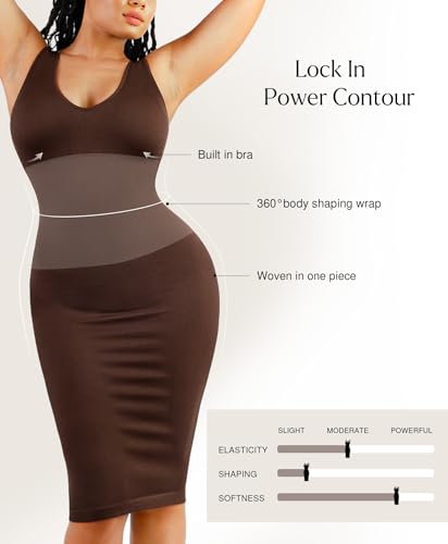 Image of Popilush Tummy Control Dress for Women Shapewear Bodycon Midi Dresses Sleeveless V Neck Summer Party Sundresses