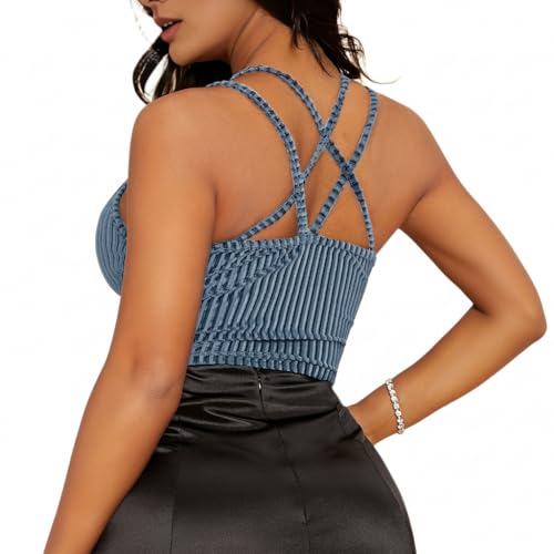 HDZIYU Women's Velvet Ribbed Crisscross Back Crop Cami, Sexy V Neck Slim Fit Cross Back Tank Top, 4 Colors Standard Size XS-XL for Daily Party Navy — view 4