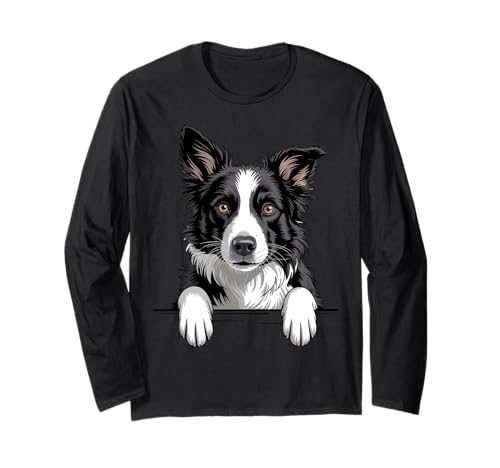 Border Collie Divertido Peeking Pocket Puppy Dog Lover Manga Larga