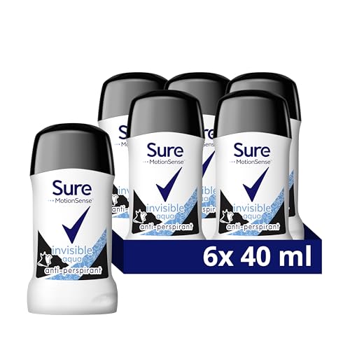 Image of Sure Women Invisible Aqua Antiperspirant Deodorant Cream Stick that protects against white marks and yellow stains with 48 hour protection against sweat and odour 40 ml, Pack of 6