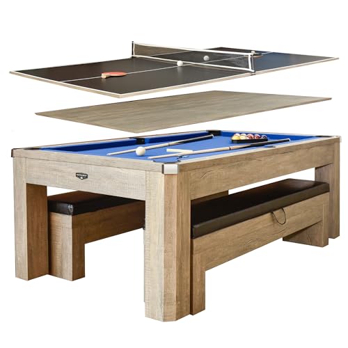 Hathaway Newport 7-ft Pool Table Combo Set with Benches - Rustic Grey with Blue...