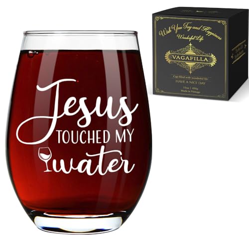 Vagafilla Jesus Touched My Water 15oz Stemless Wine Glass, Funny Christian Gift for Women, Birthday, Retirement, Bachelorette Party