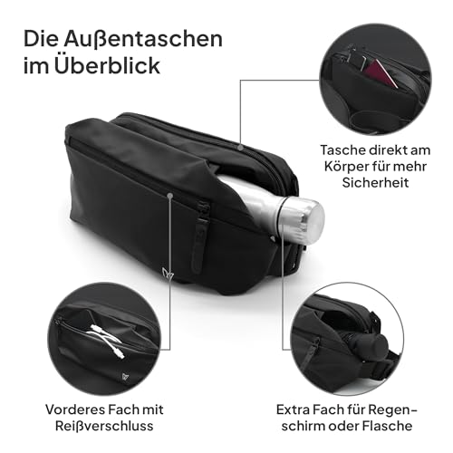 Große Bauchtasche Damen und Herren - Brusttasche XXL schwarz mit vielen Fächern und Innentasche, Hüfttasche, Gürteltasche groß, Umhängetasche und Bumbag für Freizeit, Sport, Laufen, Fitness