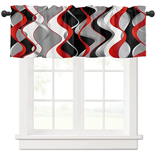 Red Black Grey Curtains Valances, White Moire Geometric Short Curtain Window Treatment With Rod Pocket, Modern Abstract Art Kitchen Valance Curtains For Living Room Bedroom Bathroom Cafe 54"X18" #TOP29