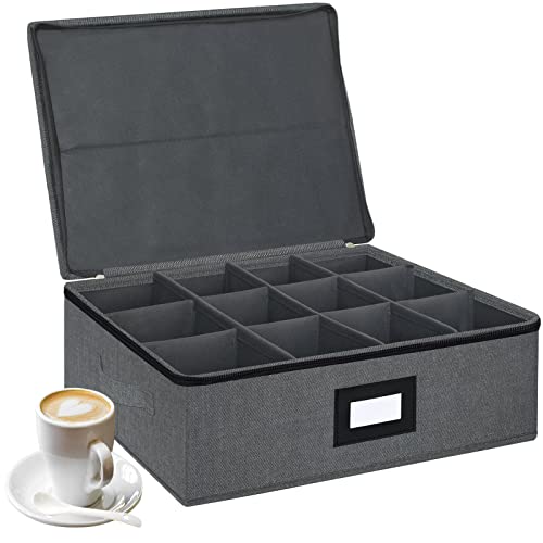 Mug and Cup Storage with Dividers - Hard Shell and Stackable China Storage Containers with Lid, Label and Handles, Holds 12 Coffee Mugs and Tea Cups Homyfort (Dark Grey)