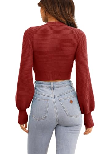 Image of Womens Sexy Crew Neck Cropped Sweaters Knit Long Sleeve Crop Tops Pullover | Ribbed Knit, Long Sleeve, Crop Tops, Pullover,Crew Neck