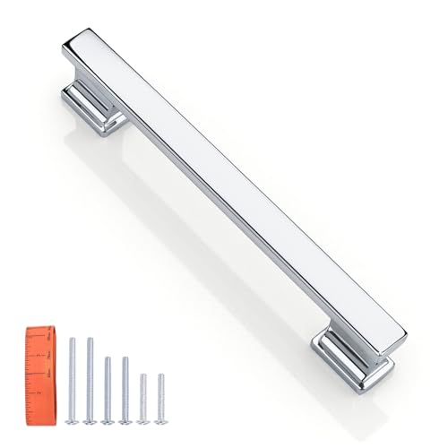 KNOBWELL 6 Pack Polished Chrome Solid Cabinet Pulls 5 Inch(128mm) Hole Center Kitchen Cabinet Handles,Cabinet Hardware for Cupboard Drawer Pulls