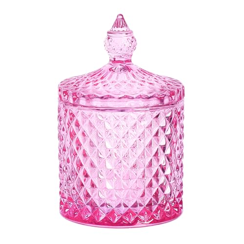 Sizikato Pink Diamond Faceted Glass Candy Jar with Lid, 18oz Decorative Jar, Nut Jar, Dried Fruit Storage Jar