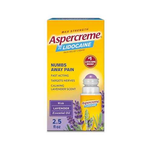Aspercreme Essential Oils Lidocaine Pain Relief with No-Mess Roll-On Applicator, Max-Strength Lidocaine Numbs Away Nerve Pain, Moisturizing Aloe Hydrates Skin, Lavender, 2.5 Oz.