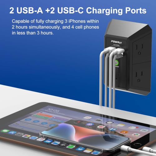 Outlet Extender Surge Protector - POWRUI 5 Outlet Splitter with 4 USB Charging Ports(2 USB C), 3-Sided 1680J Power Strip Multi Plug Wall Adapter for Home Travel Office, Black by POWRUI - Used condition - Image 3
