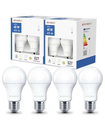 ehomeled E27 LED Kaltweiss 40W Ersetzt Glühbirne, 3.4W 470 Lumen 6500K LED Leuchtmittel, Energiesparende Klassische LED Birne, Ideal für Wohnzimmer, Schlafzimmer & Büro, nicht dimmbar, 4 Stück