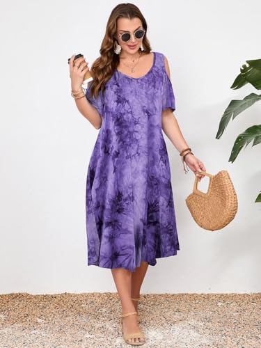 Image of LARACE Plus Size Women Dress for Summer, Midi Women's Sundress, Casual V-Neck Short Sleeve Flowy T-Shirt Dresses with Pockets