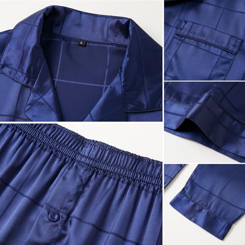 JupiterSecret Mens Silky Satin Pajamas Set Long Sleeve Button-Down Luxurious Pj 2 piece Sleepwear with Long Pants (Blue Plaid,S) — view 5