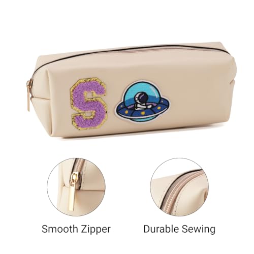 Image of AICA Gifts Personalized Leather Pencil Pouch (Cream) with Embroidered Alphabet & Patch | Pencil Pouch for Kids | Birthday Gift | Birthday Return Gift |Gift for Kids Age 6-10