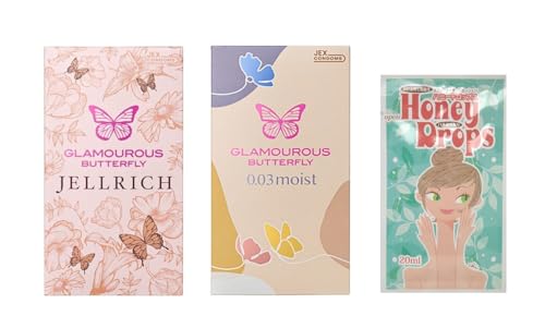 可愛いデザイン 潤い系コンドーム2箱セット ジェクスグラマラスバタフライ ジェルリッチ 0.03モイスト + ハニードロップス 20ml 1個付き (ジェルリッチ 8個入 + 003モイスト 8個入) - 画像1