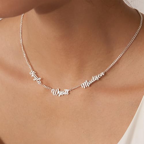 Personalized Name Necklace with Curb Chain, 18K Gold Plated Handmade Custom Family Choker Customized Child Nameplate Necklace Mother\'s Day Jewelry Gift for Mom, Wife (3 Names Necklace)