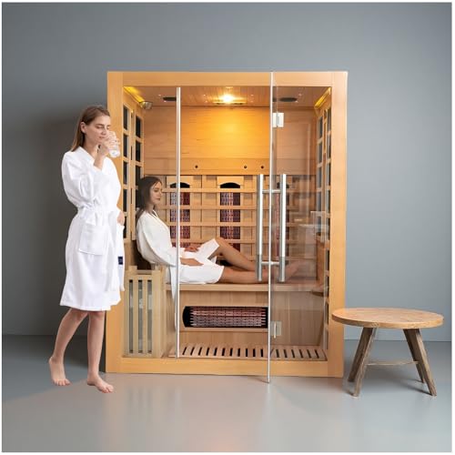 Luxury Dual-System Wood Sauna Room for 3 Person, Hybrid Indo