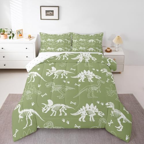 Loussiesd Juego de ropa de cama con diseño de huesos de dinosaurio, fósiles de dinosaurios de la selva, para niños, niñas, adolescentes, animales salvajes, tamaño doble, transpirable, color verde y