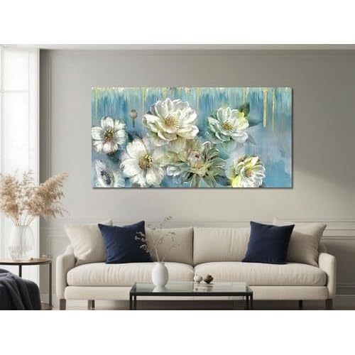 Ardemy Floral Canvas Wall Art for Living Room Large Magnolia White Flowers Teal Picture Bedroom Wall Decor Textured Painting Modern Turquoise Artwork Dining Room Home Office, Large 48"x24" 4