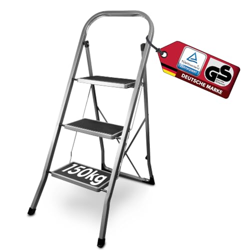 siwitec Trittleiter, Faltbare Leiter mit 3 Stufen, Klapptritt aus Stahl bis 150 kg belastbar, Tritthocker klappbar, TÜV/GS Zertifiziert, anthrazit