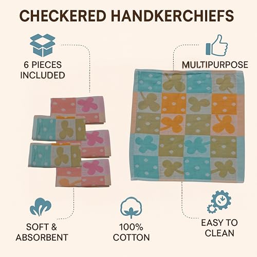 Image of ANVIK Women Check Handkerchief - Cotton Hanky, Face TowelHanky for Kids Boys Girls for School (Pack of 6 Pc)