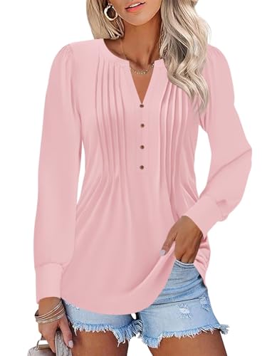 Women's Puff Long Sleeve Tops Pleated V Neck T Shirts Henley Button Tunic Blouses