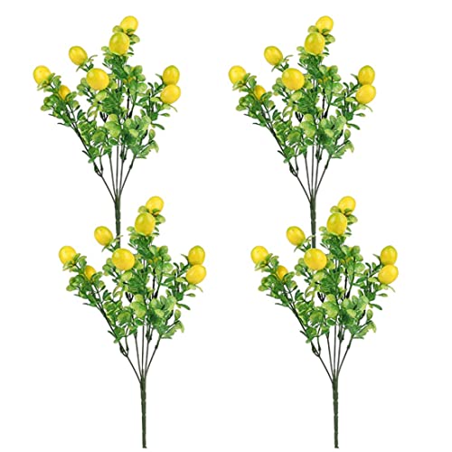XUEYEGONGJI Artificial Lemon Branches, 4PCS Yellow Fake Lemon with Green Leaves, Faux Yellow Lemons Tree Stem, Fake Fruit Branch, Artificial Floral Picks Branches, Lemon Fruit Props