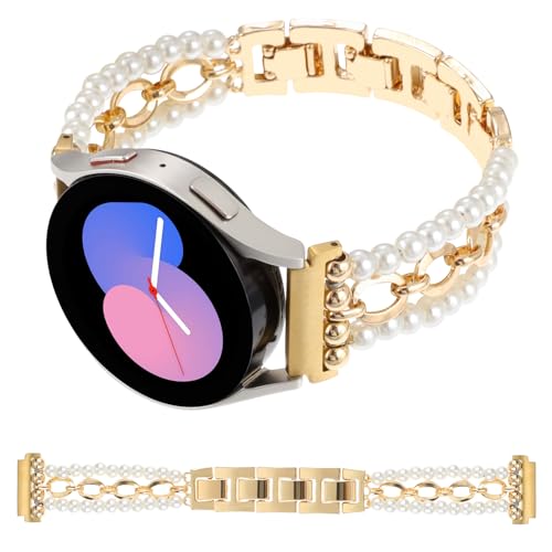 REALSIGN 20MM Pearl Beaded Watch Band Compatible with Samsung Galaxy Watch 6 5 4 40/44mm,Watch 4 Classic 42/46mm,Watch 3 41mm,Active 2 Jewelry Wristband Stylish Link Chain Pretty Strap for Women (Small Pearls Gold)