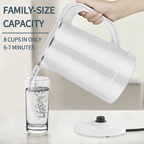Cooktron 1.7L Electric Kettle Quiet, Double Wall Hot Water Boiler Bpa-Free, Quiet Boil And Cool Touch Tea Kettle, Cordless With Auto Shut-Off & Boil Dry Protection, 1500W Fast Boiling, White #TOP4