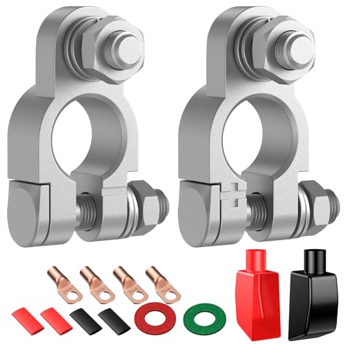 Battery Terminal Connectors Kit, Heavy Duty Positive Negative Auto Car Marine Terminals, with 4 Pcs 2 Gauge 3/8" Copper Lugs, 4 Heatshrink Tubes, 2 Protective Covers and 2 Anti Corrosion Was