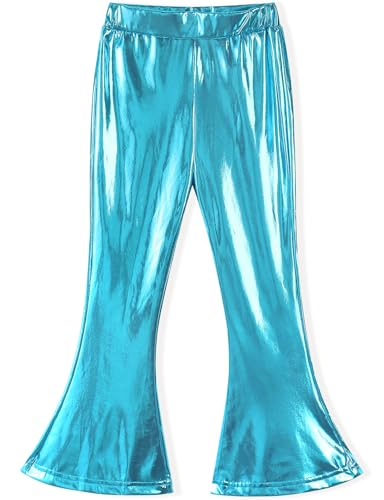 Noomelfish Girls Metallic Flare Leggings Pants Kids Yoga Disco Dance Bell Bottoms, Blue, Size 11-12 Years