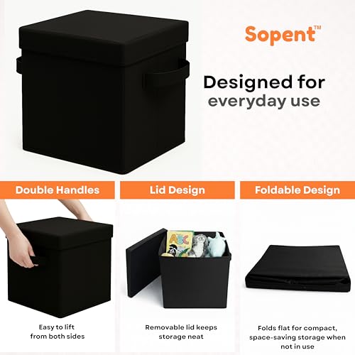 Image of Sopent Fabric Storage Box and Organiser with Lid (Plain Black, 10.6 inch Inch)