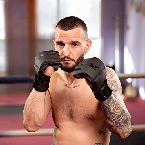 Kruzak Mma Gloves, Men And Women’s Half-Finger Boxing Mitts, Hand Wraps With Open Palms For Grappling, Kickboxing, Sanda, Sparring, Muay Thai (S/M - Matte Black) #TOP6