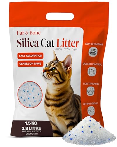 Fur & Bone 3.8L Silica Cat Litter - Non-Clumping Cat Litter Crystals - Ultra Absorbent Fast-Drying & Low-Dust Odor Control Crystal Granules Easy to Clean for Housetraining Cats and Kittens