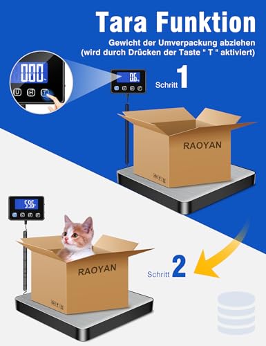 RAOYAN Paketwaage, 200kg/10g Hochpräzise Briefwaage Digitalwaage mit Halte/Tara Funktion, Plattformwaage Kofferwaage mit Wandmontiertem LCD Display für Pakete/Lager/Gepäck